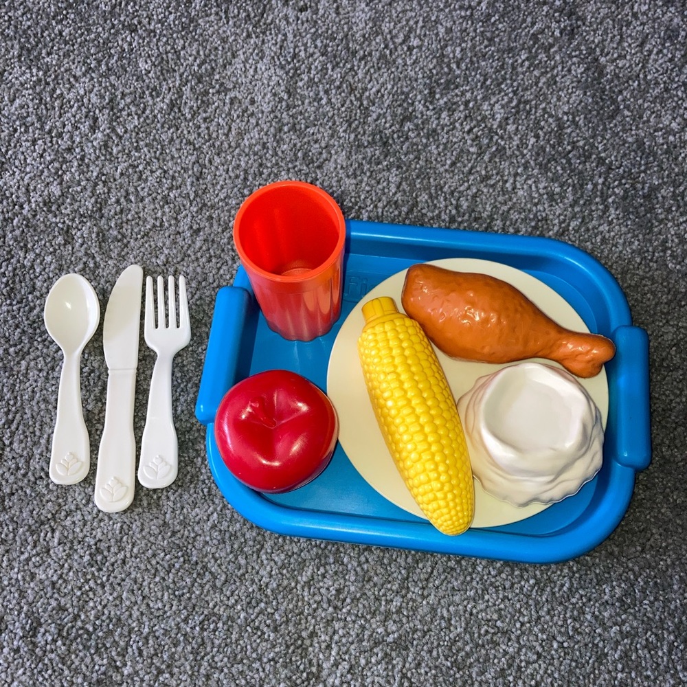 Vintage Fisher Price Play Food Chicken Dinner Mashed Potatoes Corn Apple Tray